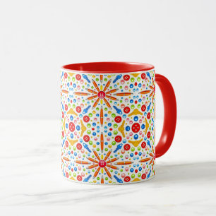 Kaleidoscope pattern, red trim, mug