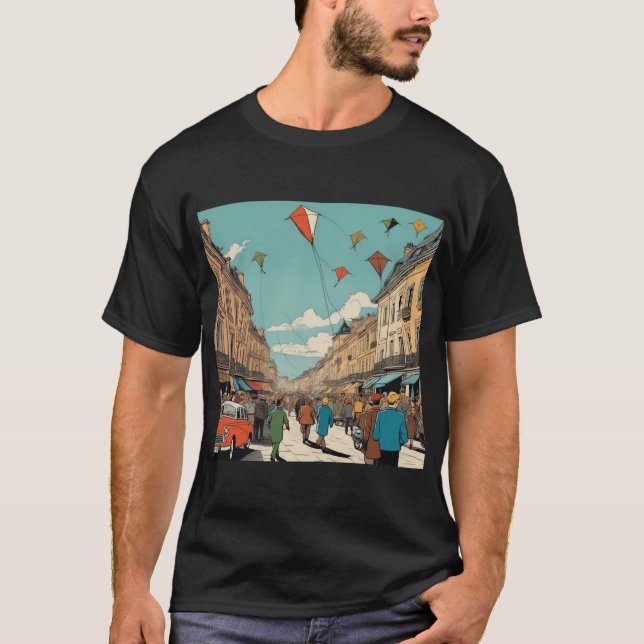 Kaleidoscope Skies: Pen & Ink-Style Kite Festival T-Shirt (Front)