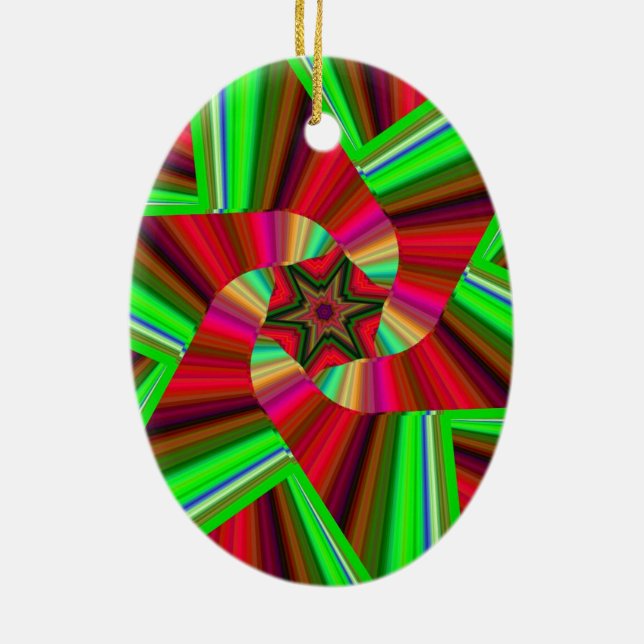 Kaleidoscope Star Art Red Green Ceramic Tree Decoration (Back)