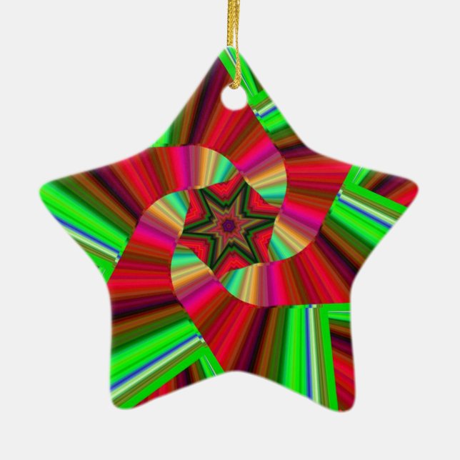 Kaleidoscope Star Art Red Green Ceramic Tree Decoration (Back)