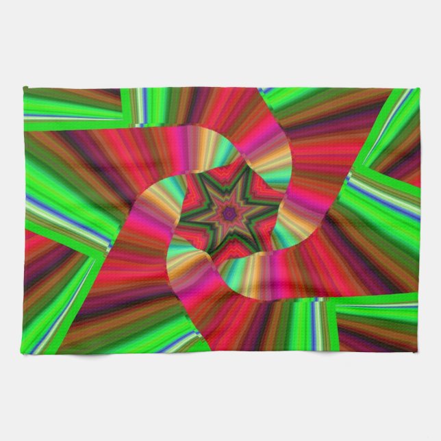 Kaleidoscope Star Art Red Green Tea Towel (Horizontal)