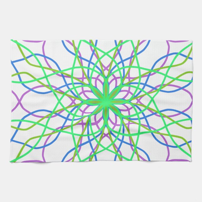 Kaleidoscope Star, White Green Blue Purple Art Tea Towel (Horizontal)
