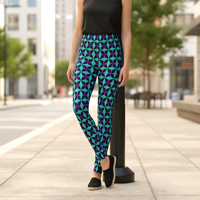 Kaleidoscope Teal Black & Purple Geometric Pattern Leggings (Creator Uploaded)