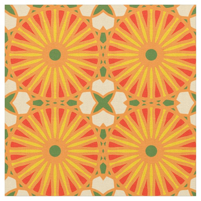 Kaleidoscope Wheel Pattern P Green Red Yellow Fabric (Close Up)