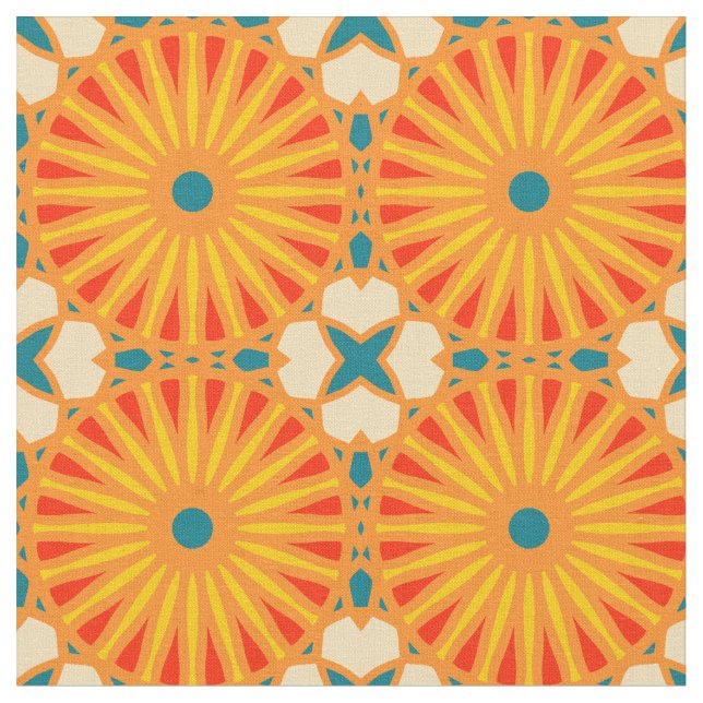 Kaleidoscope Wheel Pattern P Teal Red Yellow Fabric (Close Up)