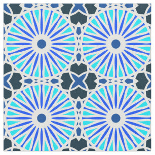 Kaleidoscope Wheel Pattern P White Blue Navy  Fabric