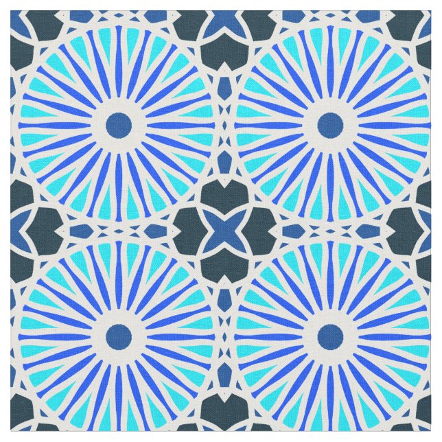 Kaleidoscope Wheel Pattern P White Blue Navy  Fabric (Close Up)