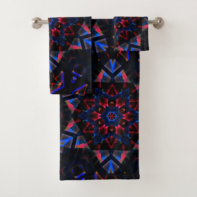 Kaleidoscope with hexagon, blue to salmon gradient bath towel set (Insitu)