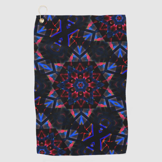 Kaleidoscope with hexagon, blue to salmon gradient golf towel (Front)