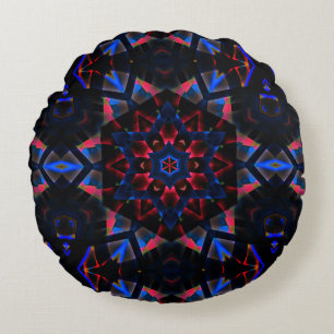 Kaleidoscope with hexagon, blue to salmon gradient round cushion