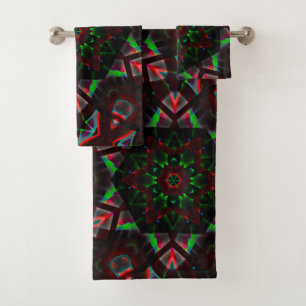 kaleidoscope with hexagon, green and red gradient  bath towel set