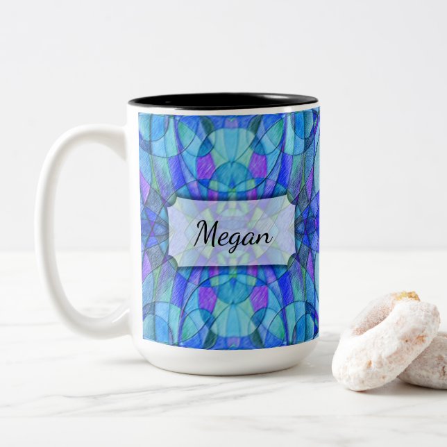 Kaleidoscopic Abstract in Blues, Personalised Two-Tone Coffee Mug (With Donut)