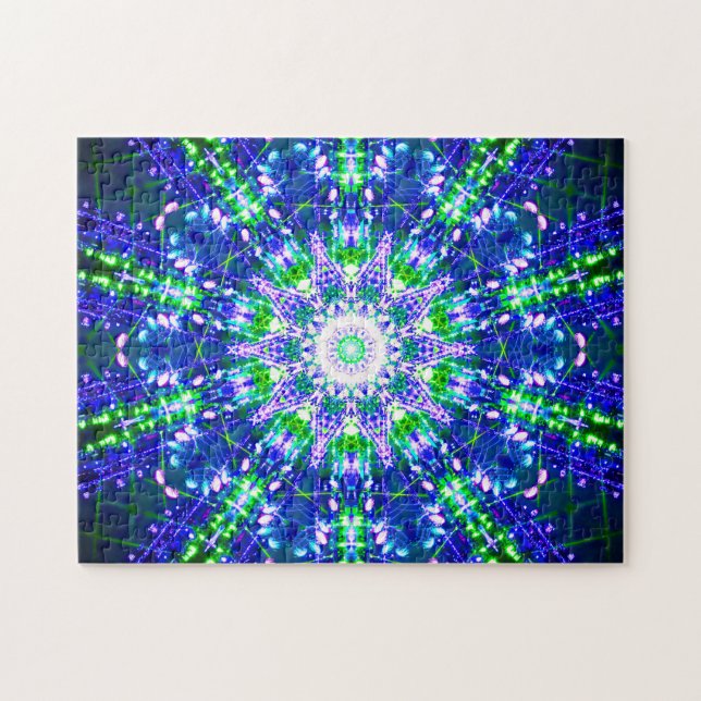 Kaleidoscopic Blue and Green Mandala Jigsaw Puzzle (Horizontal)