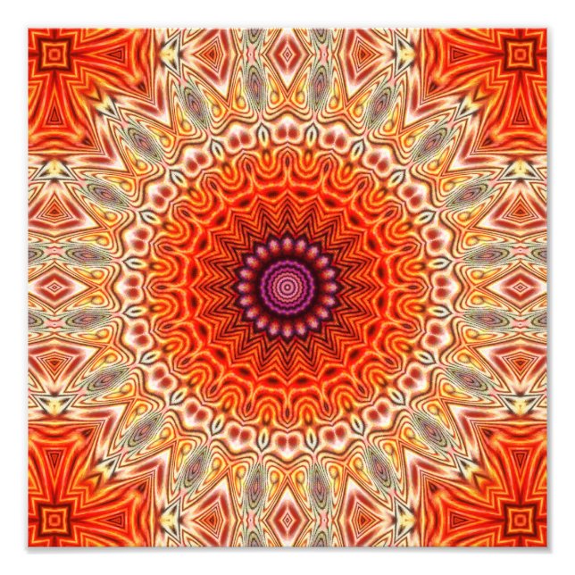 Kaleidoscopic Flower Orange And White Design Photo Print (Front)