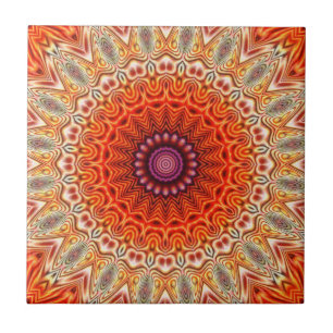 Kaleidoscopic Flower Orange And White Design Tile