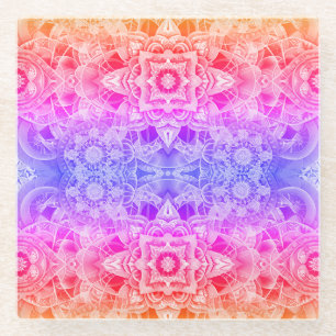 Kaleidoscopic Mandala in Blue, Yellow and Pink Glass Coaster