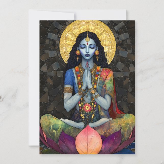 Kali in Meditation: Mosaic Blue Gold Goddess Art Invitation (Front)