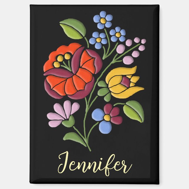 Kalocsa Embroidery - Hungarian Folk Art black Magnet (Front)