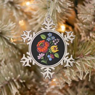 Kalocsai Embroidery - Hungarian Folk Art black Snowflake Pewter Christmas Ornament