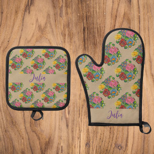 Kalocsai floral- add name oven mitt & pot hol holder set