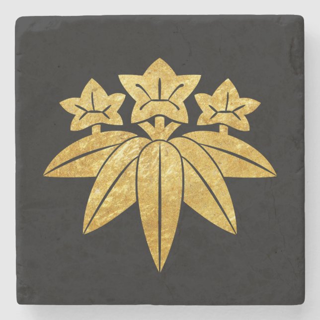 Kamakura Minamoto Mon Japanese faux gold on black Stone Coaster (Front)