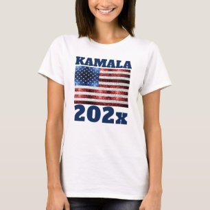 KAMALA 2024 USA flag blue red faux sparkles text T-Shirt