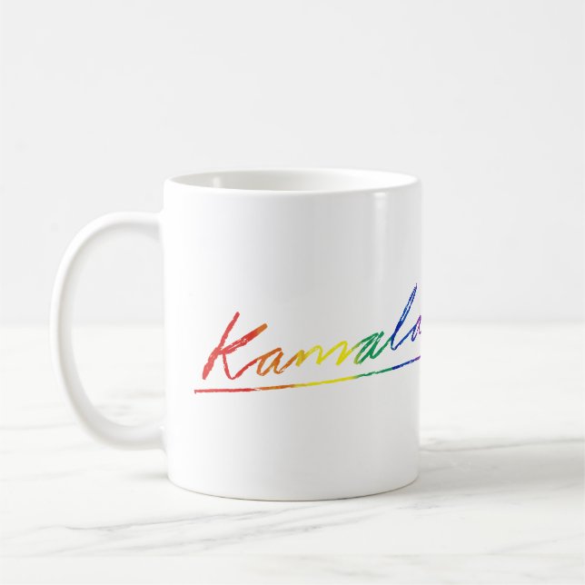 Kamala Cursive Signature Pride Rainbow Coffee Mug (Left)