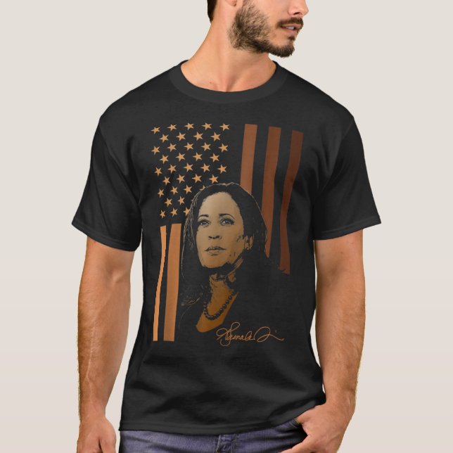 Kamala Harris 2024 American Flag Madam President E T-Shirt (Front)