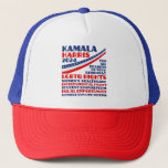 Kamala Harris 2024 Election Democrat Platform Trucker Hat<br><div class="desc">Vote for Kamala Harris for president in the 2024 presidential election to support the democratic party platform. This hat shows a this list of six reasons: LGBTQ rights, women's healthcare, environmental policy, student loan reform, equal opportunity for minorities and women, sensible gun laws, and other democrat values. Show people your...</div>