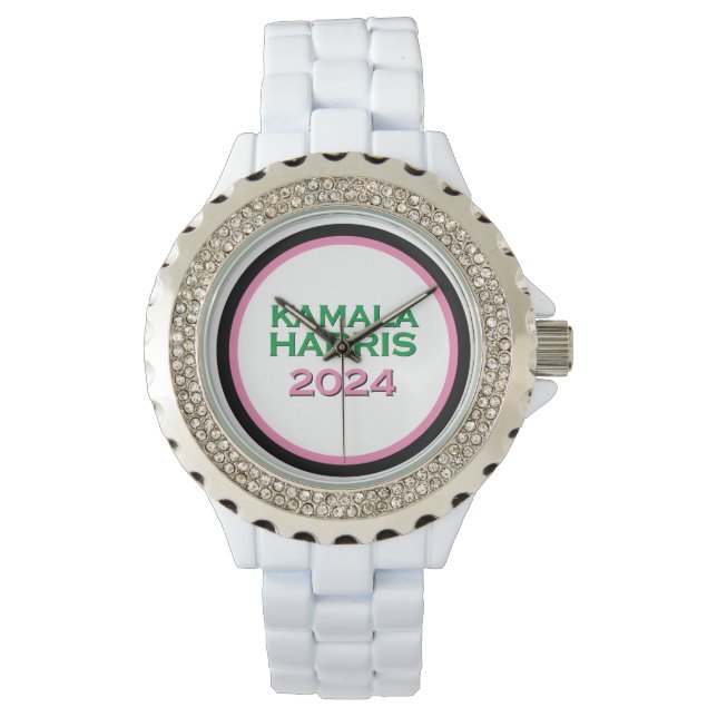 KAMALA HARRIS 2024 Pink &  Green Rhinestone Accent Watch (Front)