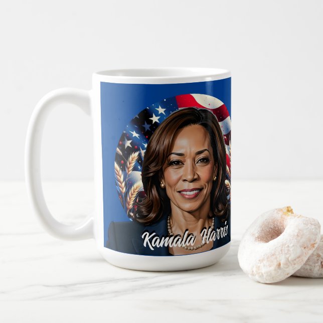  Kamala Harris 2024  Stars and Stripes Coffee Mug (With Donut)
