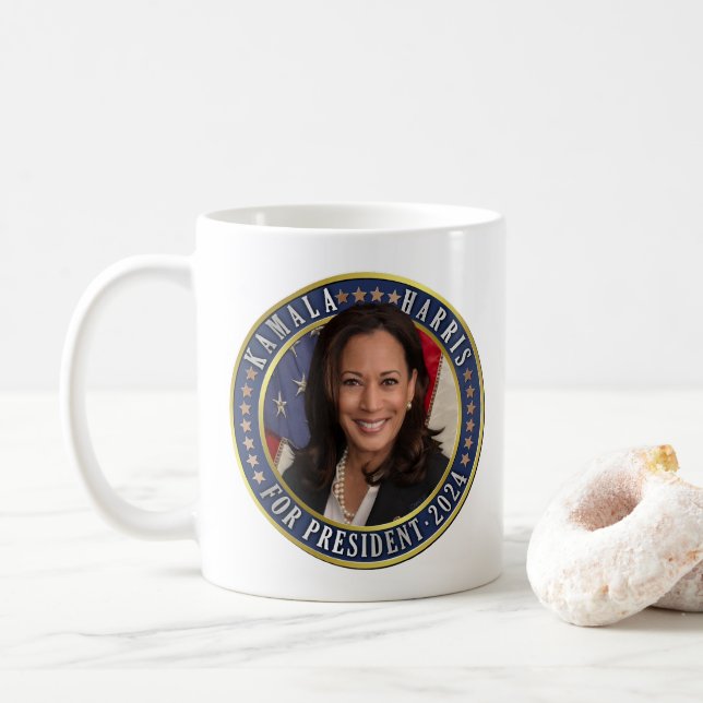 Kamala Harris for President 2024 Democrat Photo Coffee Mug (With Donut)