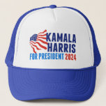 Kamala Harris for President 2024 Election Trucker Hat<br><div class="desc">Kamala Harris for President 2024 Election hat with waving American flag. Cute red,  white,  and blue design for a patriotic democrat voting in the presidential election.</div>