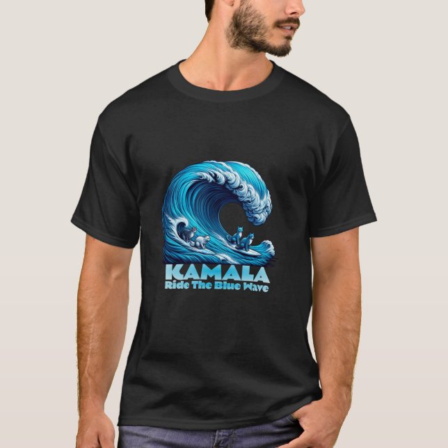Kamala Harris for President Blue Wave Surfing Cats T-Shirt (Front)