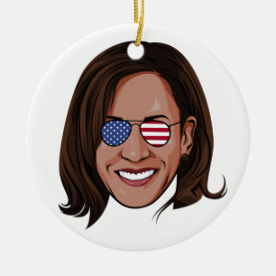Kamala Harris - Head with Aviators Patriotic Ceramic Tree Decoration