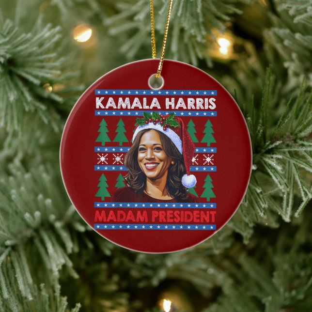 Kamala Harris Madam President Christmas Santa Hat  Ceramic Tree Decoration (Tree)
