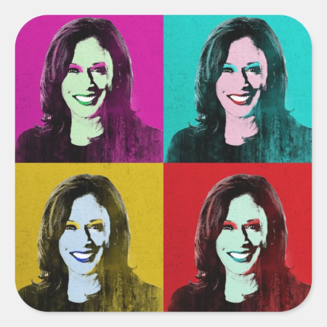 Kamala Harris Pop Art (Pink, Teal, Gold, Red) Square Sticker (Front)