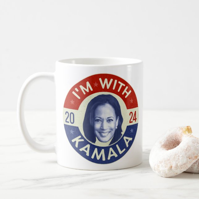 Kamala Harris President 2024 Democrat Photo Retro Coffee Mug (With Donut)