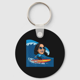 Kamala Harris Riding Surfboard On A Blue Wave Key Ring