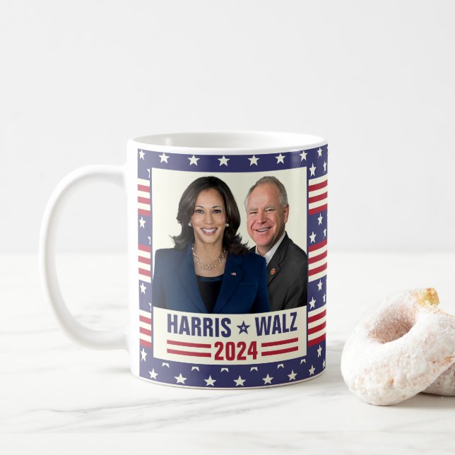 Kamala Harris Tim Walz 2024 President Vice Photos Coffee Mug (With Donut)