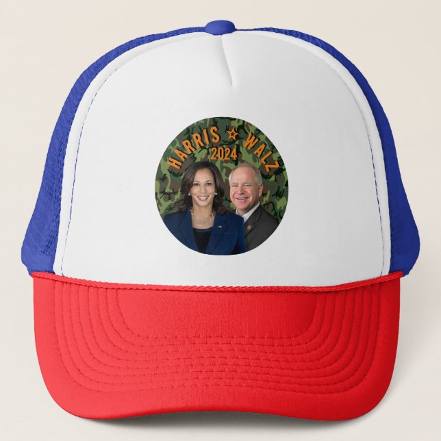 Kamala Harris Tim Walz President Vice Photos Camo Trucker Hat (Front)