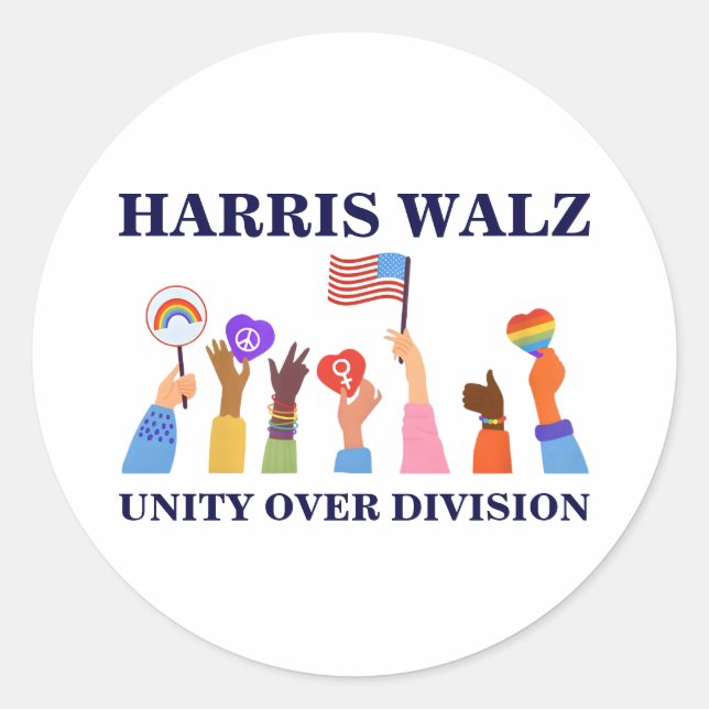Kamala Harris Tim Walz Unity Over Division Classic Round Sticker (Front)
