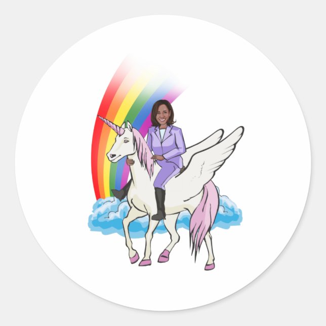 KAMALA HARRIS UNICORN AND RAINBOW CLASSIC ROUND STICKER (Front)