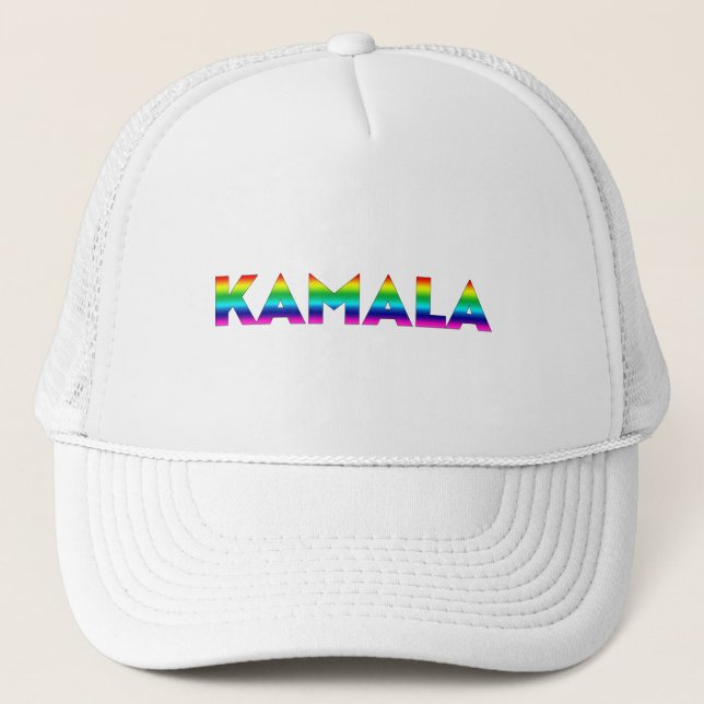 Kamala modern rainbow typography lgbt gay pride trucker hat (Front)