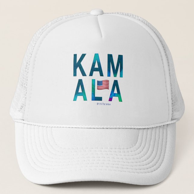 KAMALA name with American flag graphic Trucker Hat (Front)