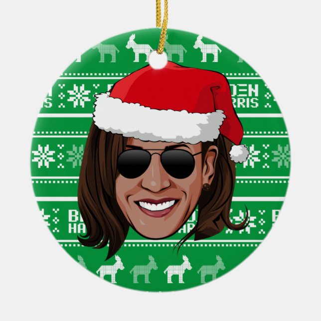 Kamala Santa Hat and Aviators Ceramic Tree Decoration (Front)