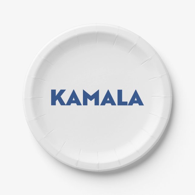 Kamala white and blue modern bold typography paper plate (Front)