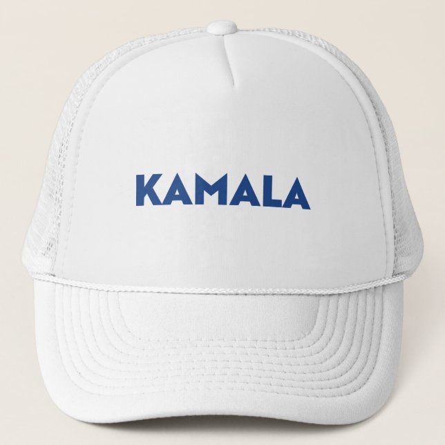 Kamala white and blue modern bold typography trucker hat (Front)