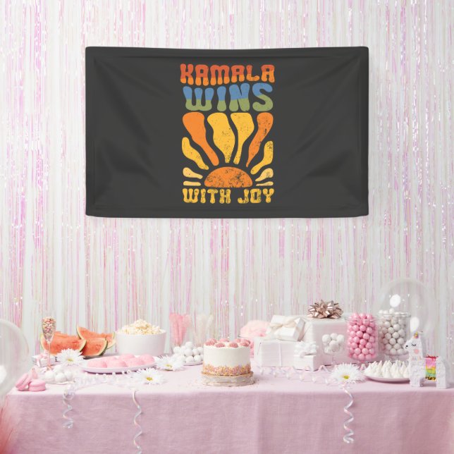 Kamala Wins with Joy Retro Boho Harris Walz  Banner (Party)