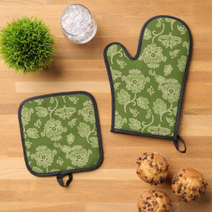 Kamaole Hawaiian Protea Tropical Floral Green Oven Mitt & Pot Holder Set